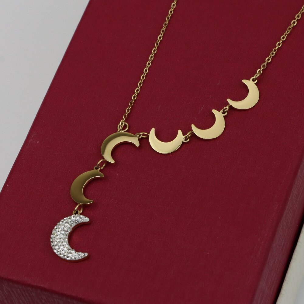 Gold Plated Moon Phase Necklace with Elegant Crescent Charms, XPNL0384